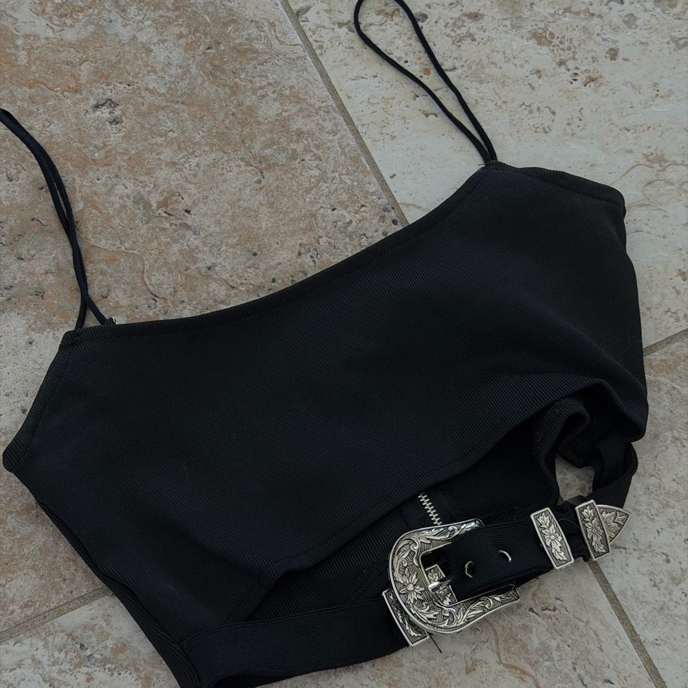 Black Spaghetti Strap Top with Silver Buckle